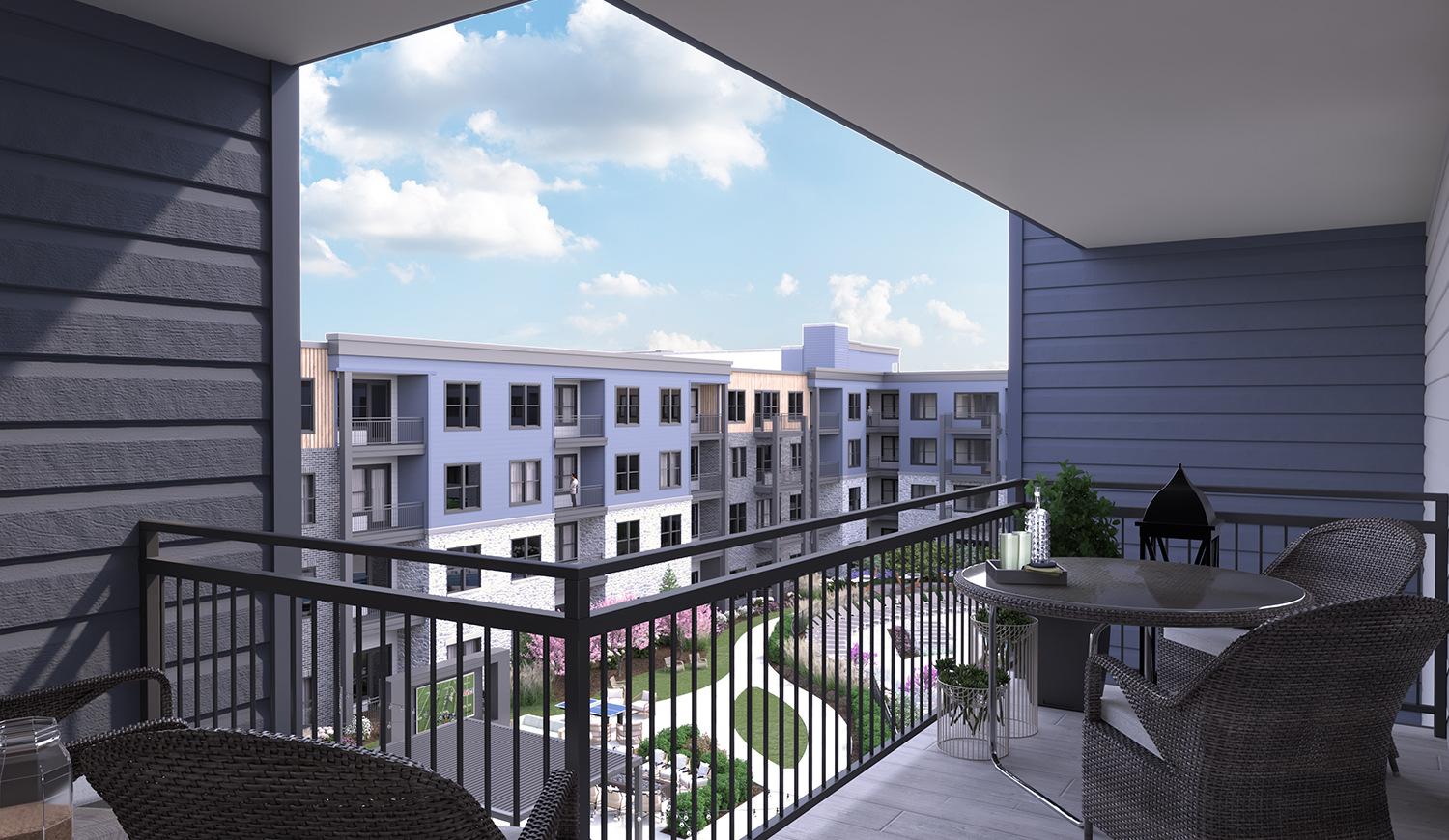 Atlee Square luxury apartment balcony in Langhorne, PA, showcasing the modern design and view of the outside apartments.