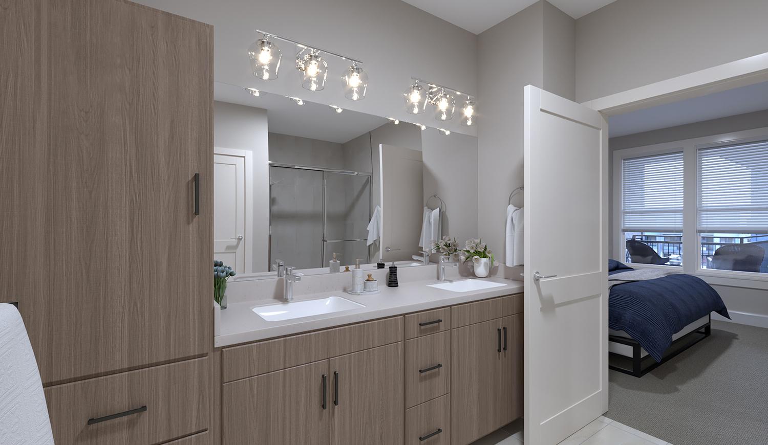 Atlee Square luxury apartment's bathroom in Langhorne, PA, featuring a quartz vanity & wooden shelevs, & door leading to the bedroom.